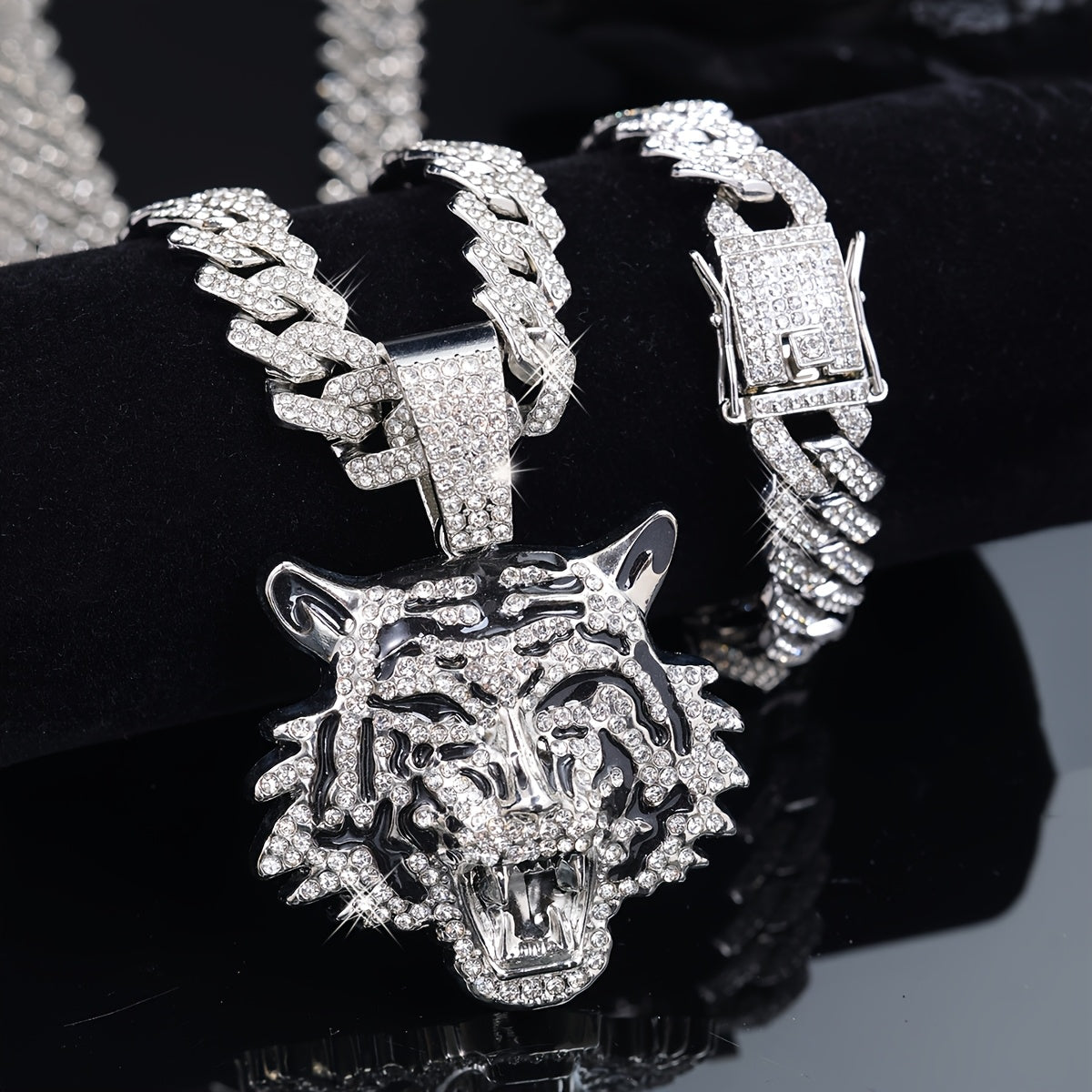 3pcs Dazzling Cool 3D Tiger Pendant Necklace And Bracelet Set, Trendy Miami Cuban Chain Jewelry Set, Unisex Hip-Hop Men'S Necklace Jewelry, Durable Construction And Versatile Style