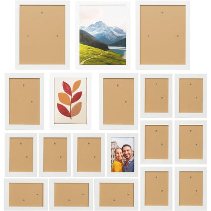 19 Pcs Wooden Photo Frame Set, Multi Size Picture Frames with Stand & Wall Hooks, Tabletop or Wall Mounted Display