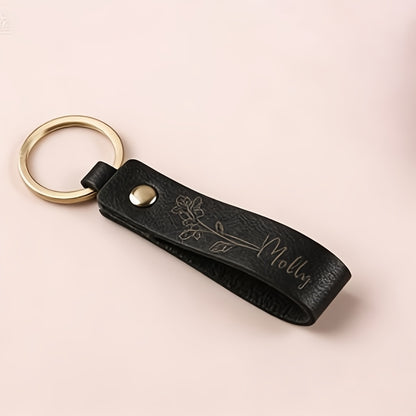 [Custom Leather Keychain] Personalized Leather Keychain - Custom Birth Flower Key Ring, Name Keychain, Bag Tag - Ideal for Women, Anniversary, Bridesmaid Gifts - Single