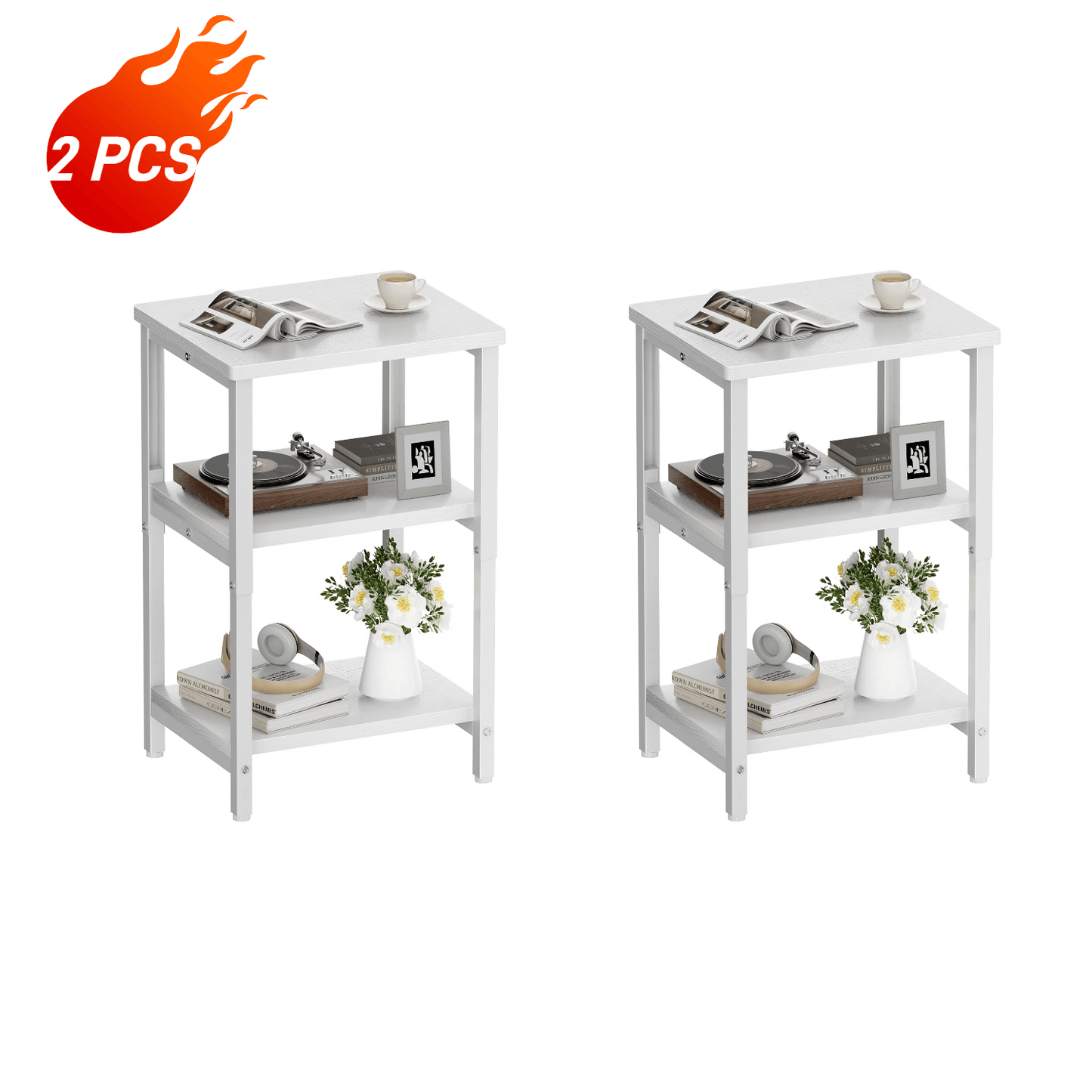 Bookshelf, Sofa Side Table Living Room, Industrial End Table With 3-Tier Storage Shelves, Bedside Tables With Height Adjustable, Steel Frame, Nightstand 37 x 30 x 59.4/62.4/65.4 cm, 4 Colors
