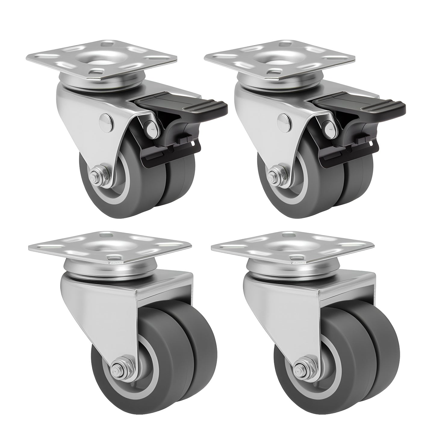 4pcs Casters Wheels 5.08 cm Heavy Duty Swivel Soft Rubber Roller with Brake for Platform Trolley Furniture Wheels