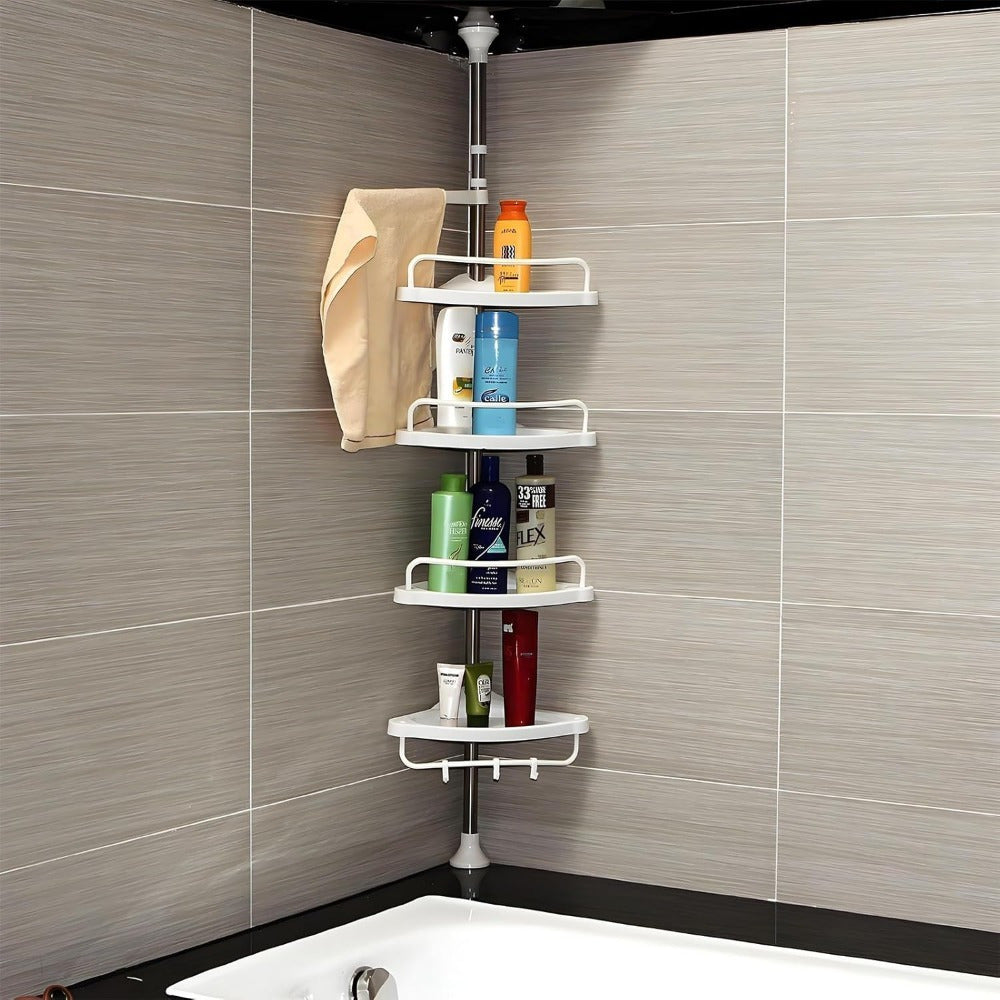 4 Tier AdjustableFloating Shelves Bathroom Organiser Corner Rack Shower Shelf Caddy Holder Bathroom Shelves Shower Corner Shelf Adjustable Shower Caddies Bathroom Organiser 120cm - 320cm