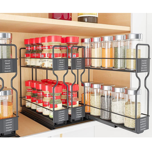 2 Tier Pull Out Spice Rack for Inside Cupboard, Sliding Spice Rack Cabinet Organiser Rack Metal Seasoning Rack Free Standing, Black