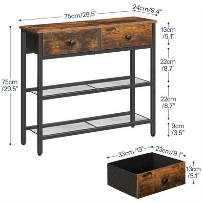 Narrow Console Table Featuring Two Drawers, a Storage Shelf, And a Modern Design, Suitable for The Living Room, Hallway, Entrance, Or Bedroom, in Rustic Brown And Black Colors