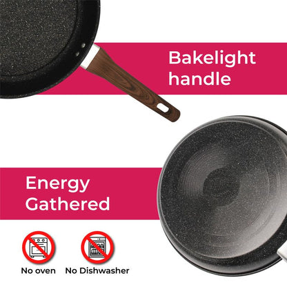STL Frying Pan Non-Stick, Durable, Wooden Handle, Anti-Scratch Granite Coating, Compatible with Induction, Electric & Gas Hobs, Ergonomic Soft Grip