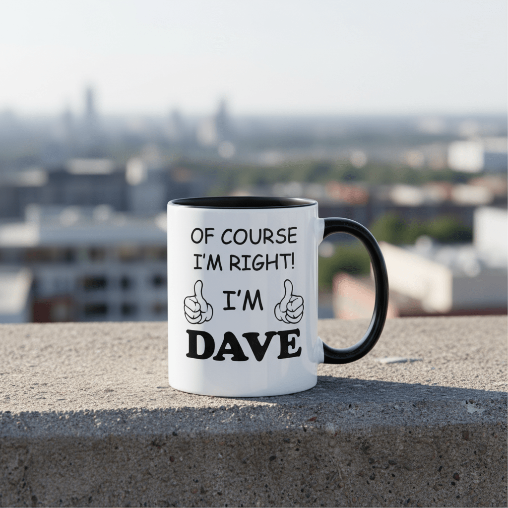 1pc Funny Personalized Name Coffee Mug “Of Course I’m Right, I’m Dave” – 11oz Ceramic Cup with Printed Text – Gift for Home, Office, Daily Use