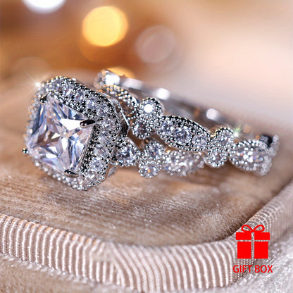 Elegant 2pcs Square White Cubic Zirconia Ring Set - Luxurious, Durable & Sparkling for Weddings, Parties & Everyday Glamour