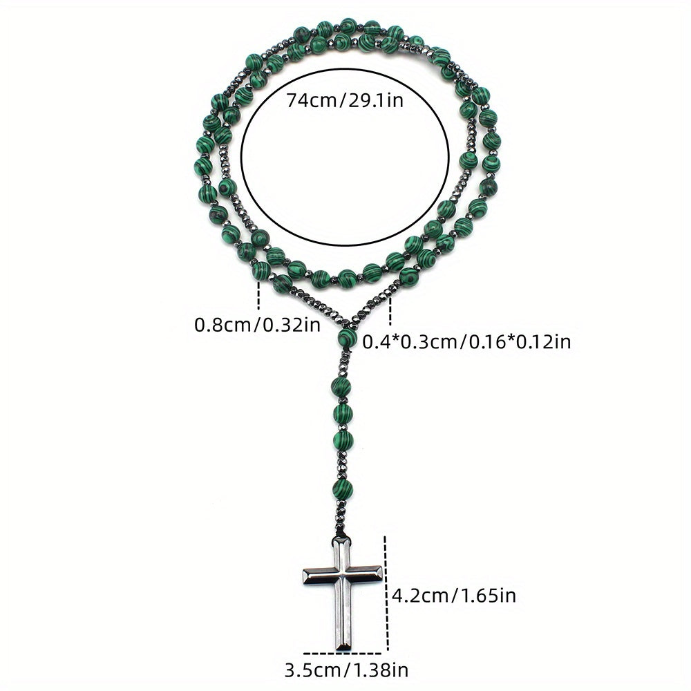 1pc Fashion Vintage Style Jewelry Round Bead Malachite Black Howlite Cross Religious Prayer Beads Men's Long Necklace for Daily Wear