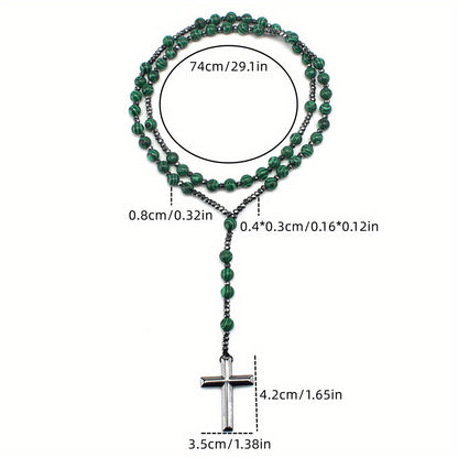1pc Fashion Vintage Style Jewelry Round Bead Malachite Black Howlite Cross Religious Prayer Beads Men's Long Necklace for Daily Wear