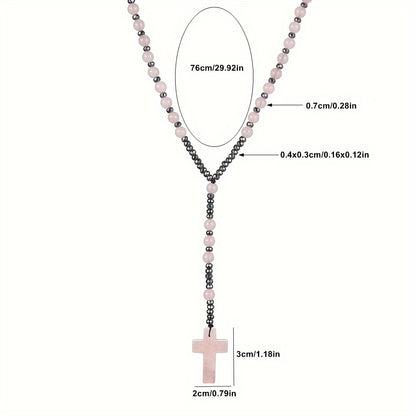 Natural Stone Round Beads - Pink Quartz, Map Stone, Sage Stone, Red Agate Beaded Cross Pendant Necklace for Men and Women, Long Chain Sweater Chain, Gift