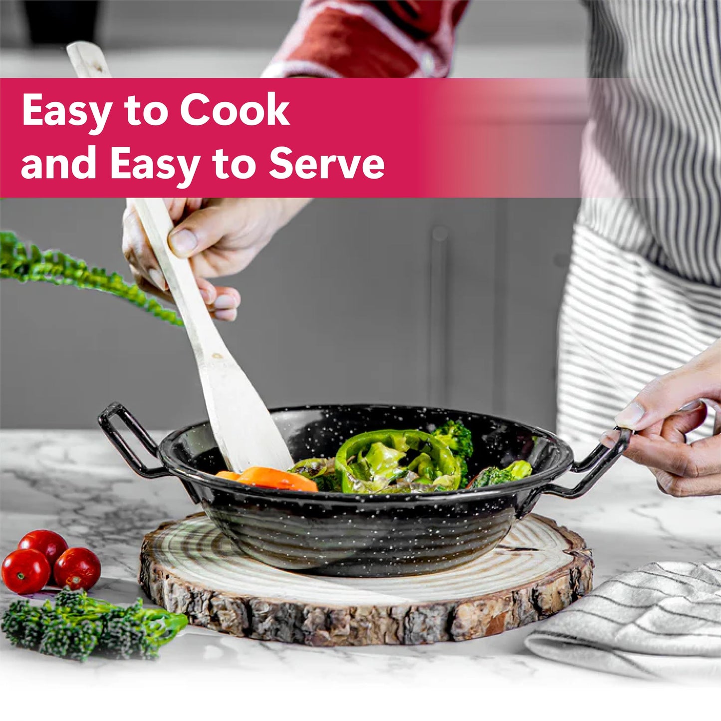 STL Enamel Wok Pan Kadhai with Raised Handles, Induction Safe, Flat Base for Even Heat Distribution, Heavy Duty Karahi for Shallow & Deep Frying, Black White Dots Design