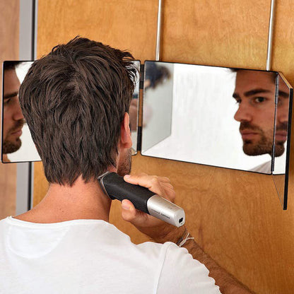 Multi-Functional Tri-Fold Makeup Mirror, Foldable Barbering Tri-Angle Mirror - Height-Adjustable, Hook-Mounted, Foldable, Wall-Mounted, Suitable for Self-Haircutting, Shaving, Grooming, Facial Treatments and Makeup Application