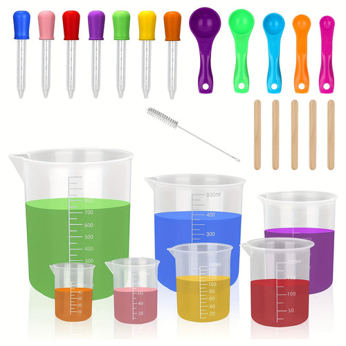 7pcs Plastic Measuring Cups with Spoons And Droppers, Heat Resistant Measuring Jugs, Labs Graduated Beakers Mixing Cups for Kitchen DIY Science (1000ml 500ml 250ml 200ml 150ml 100ml 50ml)