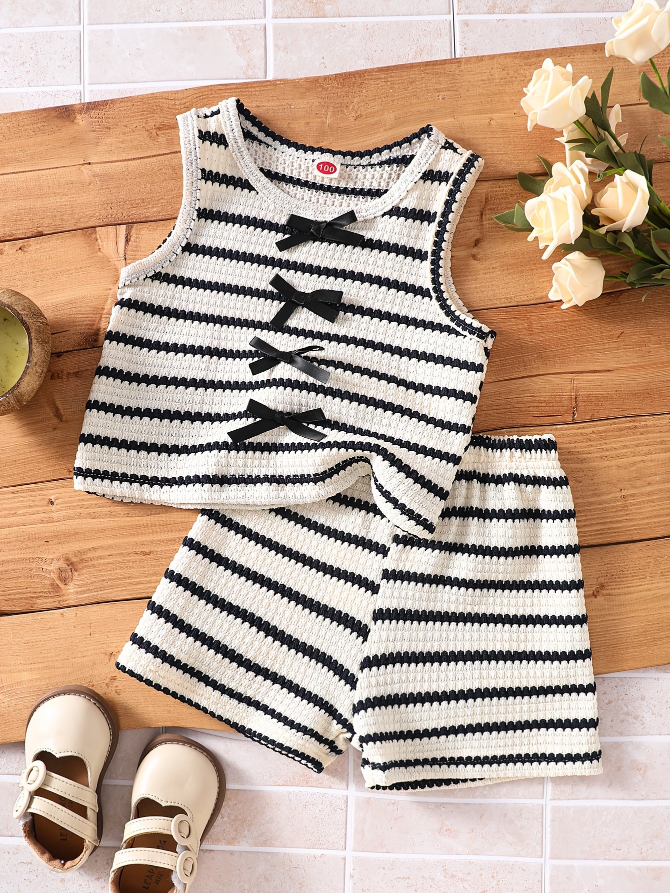 2pcs Set. Girls' Vest And Shorts Outfit, Bow Detail, Striped Knit Jacquard. Easy Fashion Design, Suitable for 1-8 Year Old Girls' Daily Casual Sports, Summer Outfit, As a Gift for Girls. Suitable for Outdoor