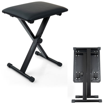 Folding Black Music Piano Stool Fully Adjustable Height Pro X Frame Keyboard Bench Seat - Non Slip Feet
