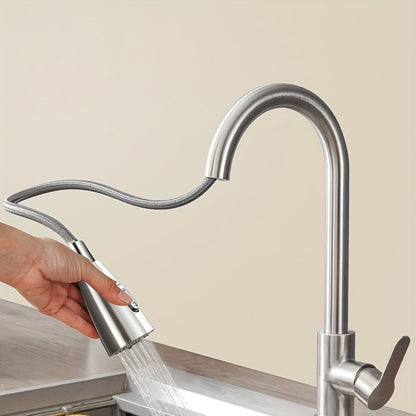 1pc Kitchen Faucet with Pull Down Sprayer, Single Handle Water Kitchen Bathroom Faucet, Stainless Steel Faucet, Two Use Modes Faucets Spray Stream:, Arc 360- Degree Rotary Nozzle Faucets, for Farmhouse, Commercial, Kitchen Bathroom Sink