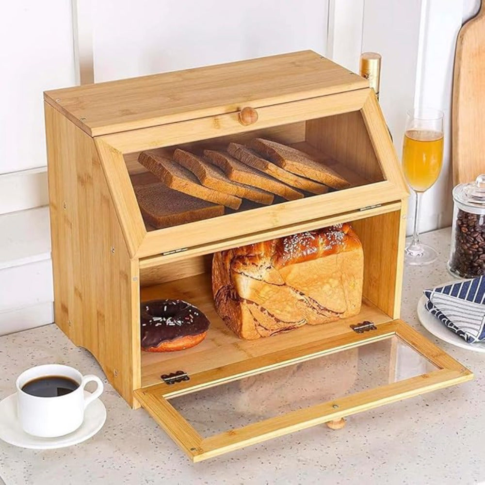 Double Layer Bamboo Bread Box Bread Bin with Transparent Window, Suitable for Kitchen and Dining Room, Pantry Organization Keeps Bread, Fruits, Snacks Fresh, Natural/Black