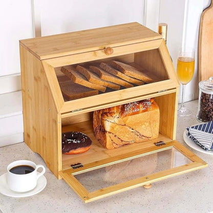 Double Layer Bamboo Bread Box Bread Bin with Transparent Window, Suitable for Kitchen and Dining Room, Pantry Organization Keeps Bread, Fruits, Snacks Fresh, Natural/Black