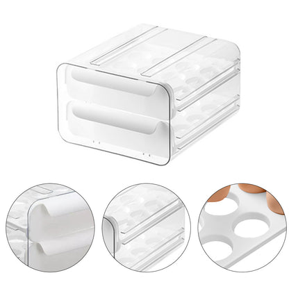 Egg Box for Refrigerator, Stackable Transparent Egg Storage Box, 32 Grid Egg Container, Double-Layer Kitchen Fridge Egg Drawer Boxes, White