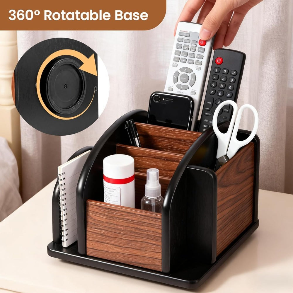 Rotating Remote Control Holder Multi Compartment Desktop Organizer for Pens, Pencils, Mail, and Office Supplies Tabletop Storage for Home or Office