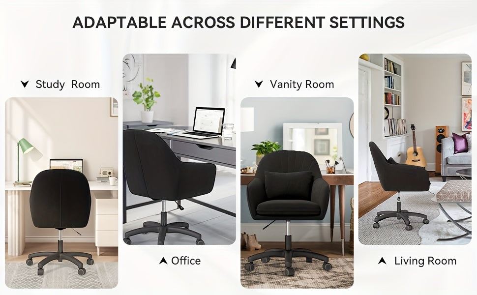 Home Office Chair, Swivel Desk Chair Height Adjustable, Velvet Chair with Pillow Vanity Chair, 360° Rotatable, Makeup Chair, for Study Room Bedroom, Up to 150kg