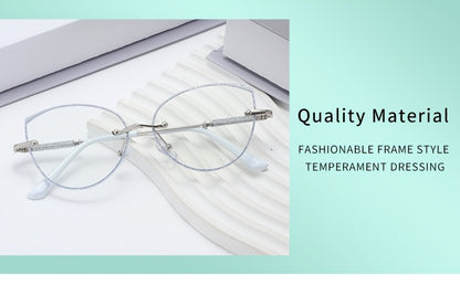Fashion Cat Eye Frameless Light Sensitive Color Changing Women'S Model with Embedded Sequins Metal Frame Cat Eye Blue Light Transparent Lens Glasses