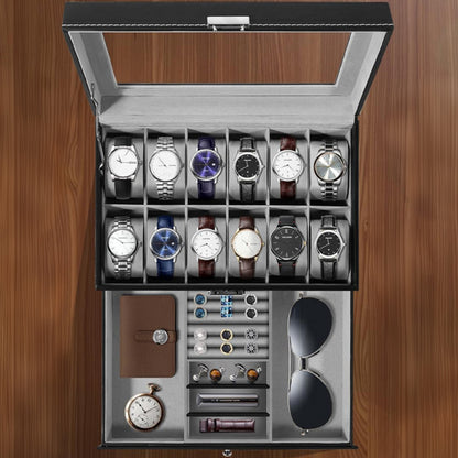 Uten Watch Box 12 Slots, 2-Tier Watch Case with Glass Lid, Watch Display Storage Box for Men and Women, Removable Watch Pillows