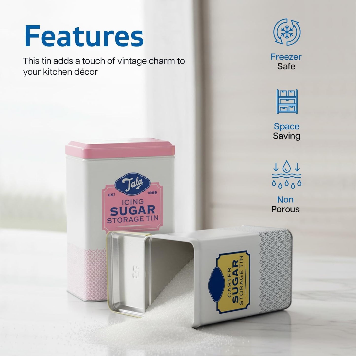 Caster & Icing Sugar Storage Container | 16.3x10.5x7 cm Metal Storage Tin to Hold Icing Sugar | Tight-Fit Lid Keeps Sweet Fresh & Clump-Free