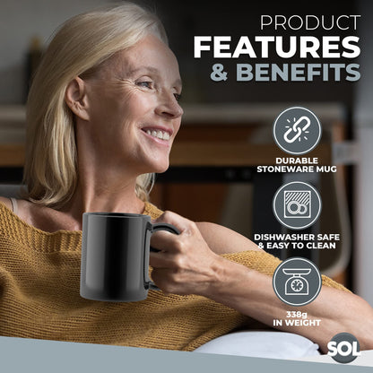 SOL 12-Pack Black Mugs Set, 11oz | Stoneware Ceramic Coffee & Tea Mugs | Durable Plain Black Cups for Home, Office, Café & Restaurant | Stackable Everyday Drinkware | Dishwasher & Microwave Safe Hot Beverage Mug Set