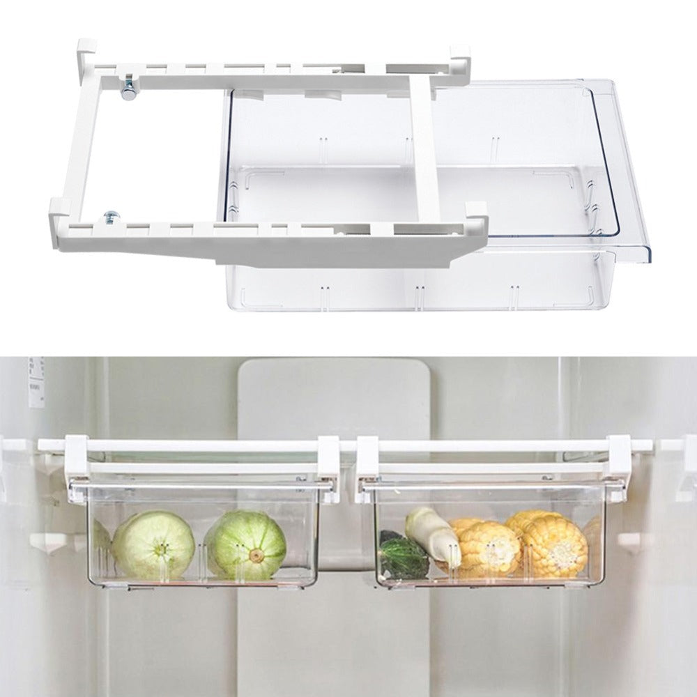 Fridge Organiser Pull-Out Drawer – Clear Under-Shelf Refrigerator Storage Box with Sliding Rail, Stackable Space-Saving Bin for Kitchen Fridge, Freezer & Cabinet, Fits 30-44cm Shelves, 30.5 x 20 x 9.5cm