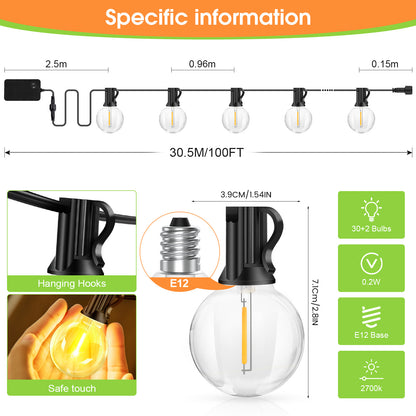 Outdoor Festoon Lights Mains Powered - 100ft LED Garden String Light 30M/20M Dimmable Timer G40 LED Fairy Lights Bulbs Hanging Patio Lighting with Remote Contro, IP65 waterproof, for Balcony Garden Gazebo Patio Awning Wedding Party