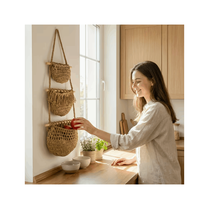Boho Chic 3-Tier Wall Hanging Storage Basket - Handwoven Rope Organizer for Fruits, Vegetables & More - Easy Install, Versatile Home Decor, Storage Basket