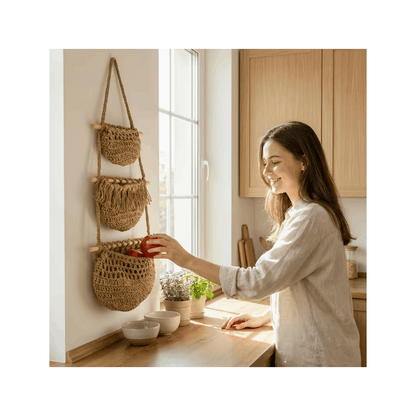 Boho Chic 3-Tier Wall Hanging Storage Basket - Handwoven Rope Organizer for Fruits, Vegetables & More - Easy Install, Versatile Home Decor, Storage Basket
