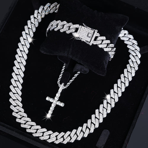 Unisex 3pcs hip-hop style Men's Christmas jewelry set - cross necklace with multi-layered Cuban chain, Rhinestones-encrusted bracelet -