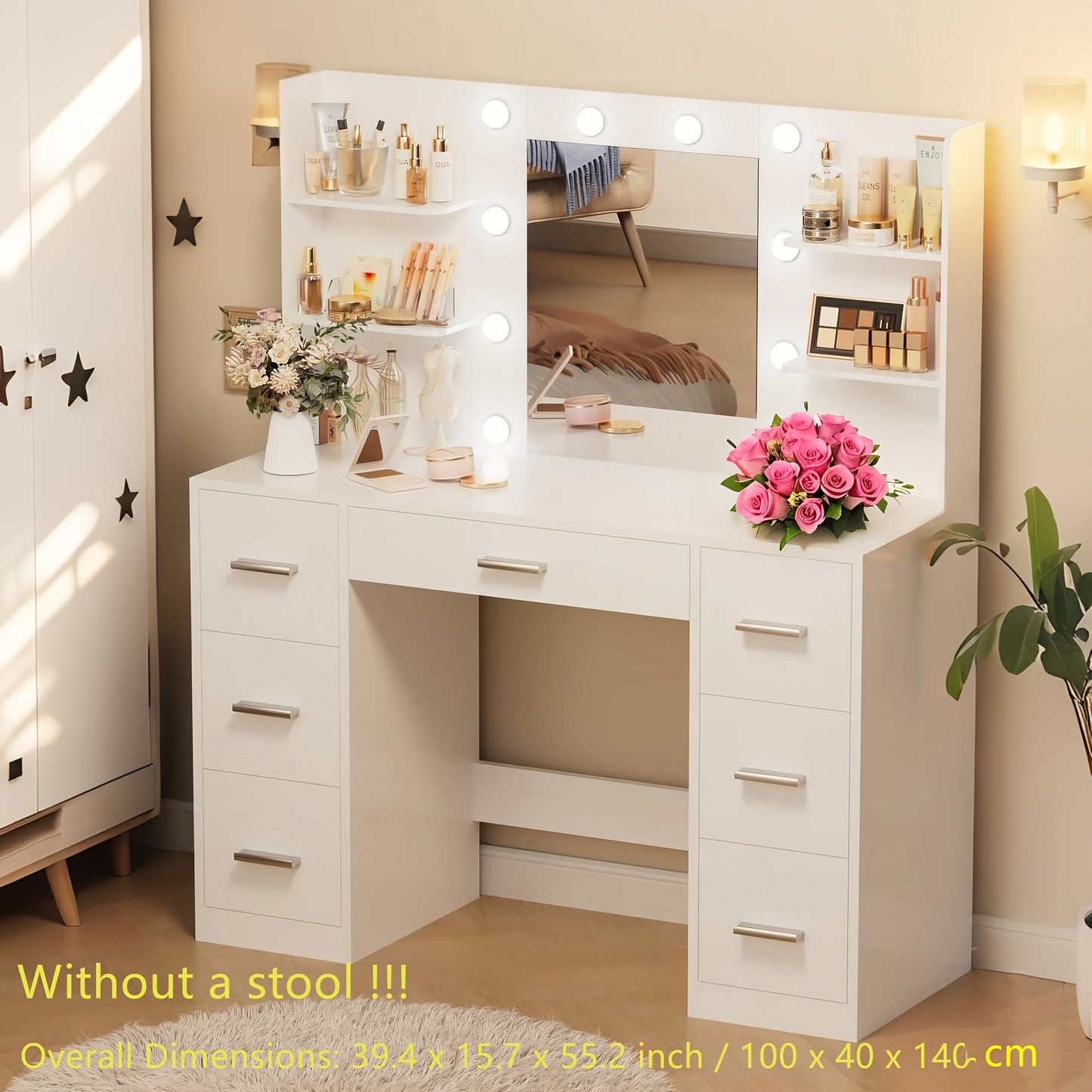 Dimmable Hollywood Mirror Makeup Vanity Desk with Cushioned Chair – White Dressing Table with Lights for Bedroom, Gift for Her, Daughter & Teen
