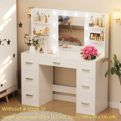 Dimmable Hollywood Mirror Makeup Vanity Desk with Cushioned Chair – White Dressing Table with Lights for Bedroom, Gift for Her, Daughter & Teen