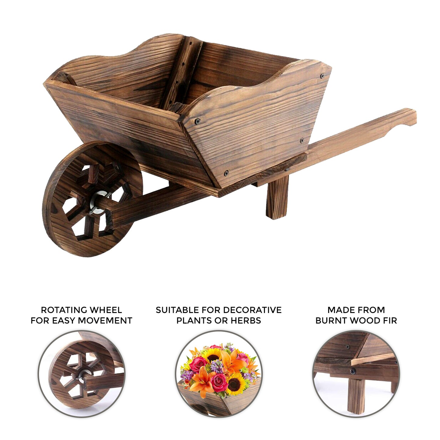 Wooden Wheelbarrow Planter | Wooden Planter for Outdoor | Wooden Flower Cart | Indoor plant Pot | Heavy Duty Rustic Wooden Flower Pot for Garden, Balcony and Patio