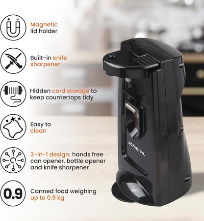 Schallen Electric Can Opener Automatic 3-in-1 Kitchen Appliance with Hands-Free Can Opening, Built-In Bottle Opener & Knife Sharpener | Electric Tin Opener for Easy Opening Cans, Jars, and Bottles | Hidden Power Cord Storage | Stainless Steel Durable Kitc