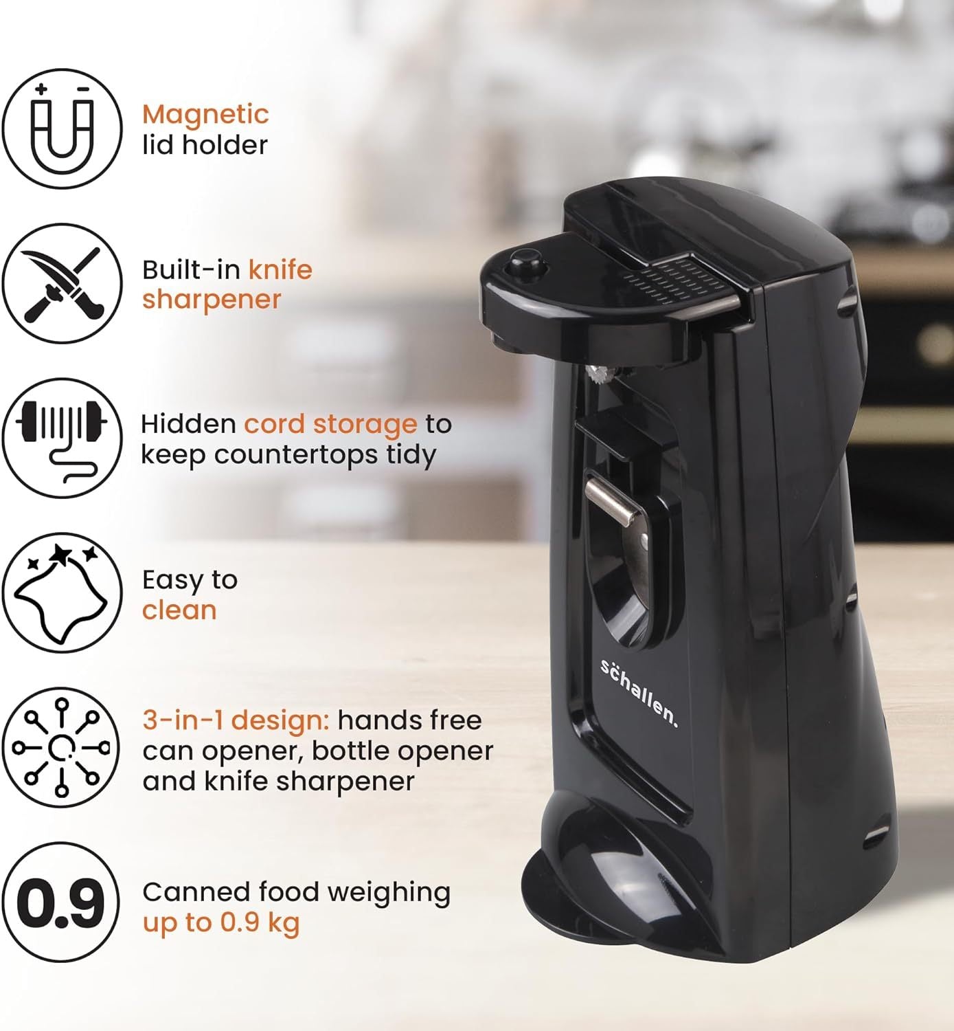 Schallen Electric Can Opener Automatic 3-in-1 Kitchen Appliance with Hands-Free Can Opening, Built-In Bottle Opener & Knife Sharpener | Electric Tin Opener for Easy Opening Cans, Jars, and Bottles | Hidden Power Cord Storage | Stainless Steel Durable Kitc