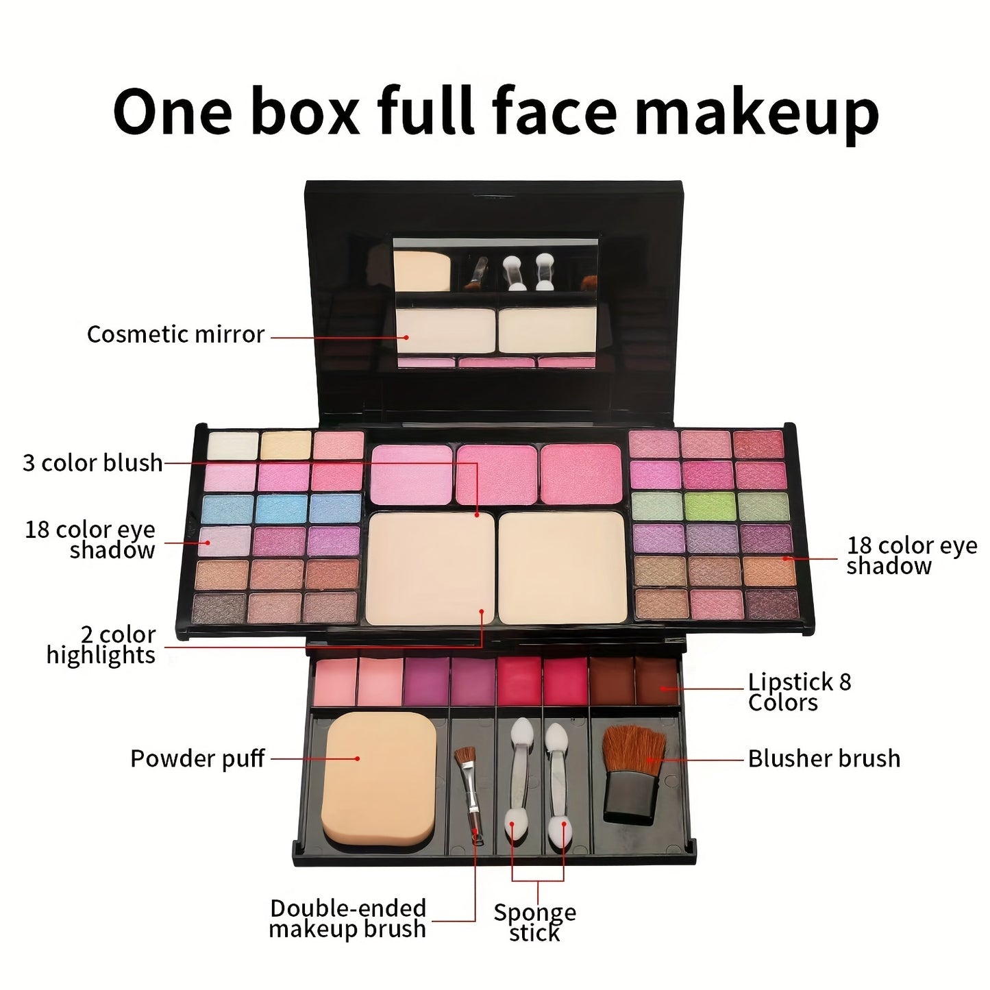 All-in-one Multifunctional Makeup Kit, Featuring 49-shade Eyeshadow Palette, Waterproof Nude Lipstick, Blush, and Setting Powder. The Complete Makeup Set Includes 36 Eyeshadow Shades + 3 Blush Shades + 2 Powder Shades + 8 Lip Gloss Shades