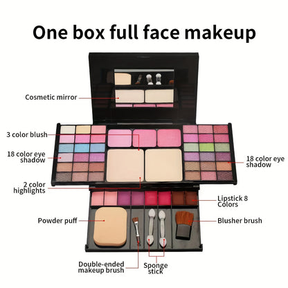 All-in-one Multifunctional Makeup Kit, Featuring 49-shade Eyeshadow Palette, Waterproof Nude Lipstick, Blush, and Setting Powder. The Complete Makeup Set Includes 36 Eyeshadow Shades + 3 Blush Shades + 2 Powder Shades + 8 Lip Gloss Shades
