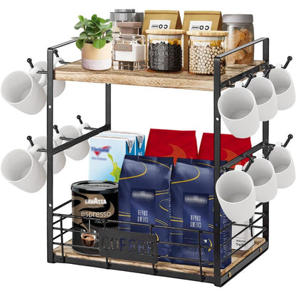 3-Tier Countertop Organizer Station with 12 Mug Hooks – Multi-Functional Coffee Bar Kitchen Storage Shelf, Space-Saving Home & Office Display Rack