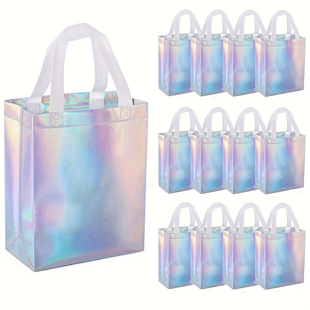 Gift For Her/Him Set of 15 Shimmering Holographic Bags Featuring Handles - Medium-Sized Tote Bags Ideal for Birthdays, Celebrations, Weddings, And Christmas - Vibrant Rainbow Sparkle Pattern, Sturdy Non-Woven Fabric