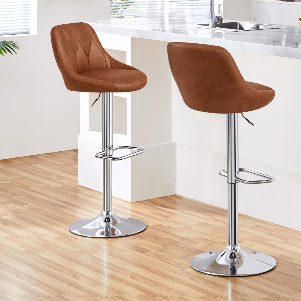Swivel Bar Stools Set of 2 Faux Leather Height Adjustable 61.5-83cm Ergonomic Backrest Cushioned Seat Chrome Footrest 136kg Capacity Kitchen Island Counter Dark Grey Black White Retro Brown Light Grey