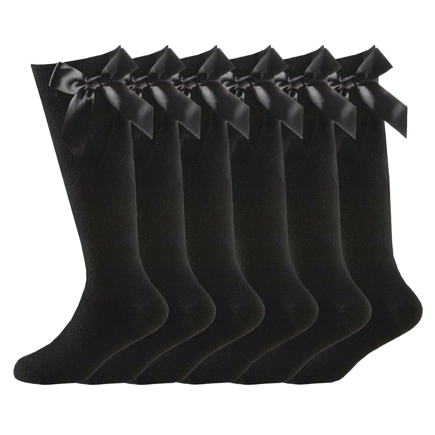 6 pairs Girls Knee High School Socks Cotton Rich Socks with Ribbons Silky Bow, Back to School Uniform Socks, Party Wear, Long Socks for School with Bow, Knee High Girls School Plain Socks UK LOCAL BASED DELIVERY