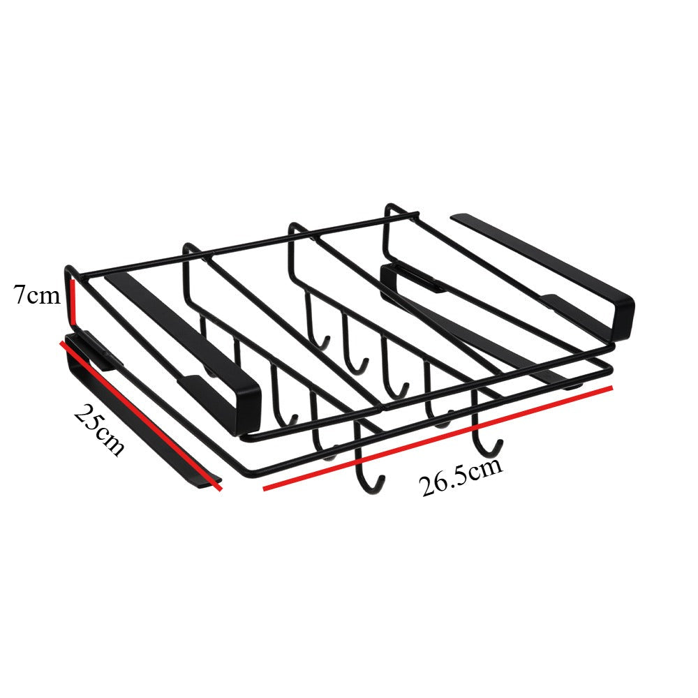 Under Cabinet Storage Rack with Hooks – No-Drill Carbon Steel Kitchen Hanging Shelf for Cutting Boards, Cups, Cloths & Kitchen Utensils, Black