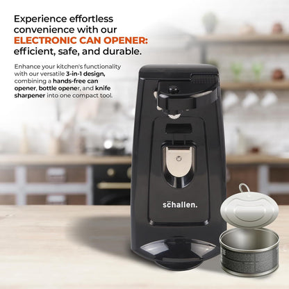 Schallen Electric Can Opener Automatic 3-in-1 Kitchen Appliance with Hands-Free Can Opening, Built-In Bottle Opener & Knife Sharpener | Electric Tin Opener for Easy Opening Cans, Jars, and Bottles | Hidden Power Cord Storage | Stainless Steel Durable Kitc