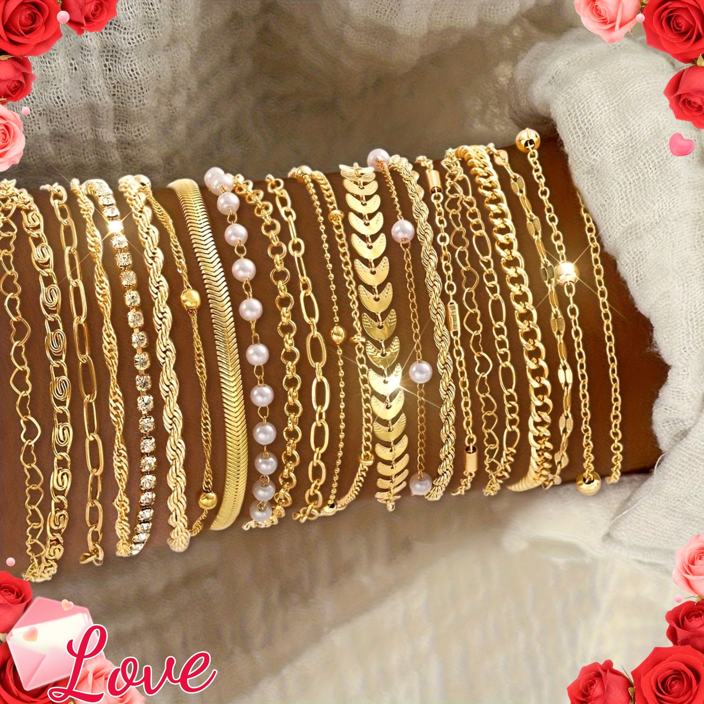 23pcs Heart-shaped Multi-layer Stackable Fashionable, Simple, Elegant, and Exquisite Vintage-inspired Design Featuring Faux, Rhinestone Bling-bling Sparkling Polished Snake Chain, Cable Chain, Twist Chain, Minimalist Plain Chain, Geometric Bead