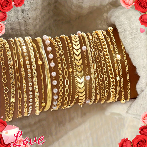 23pcs Heart-shaped Multi-layer Stackable Fashionable, Simple, Elegant, and Exquisite Vintage-inspired Design Featuring Faux, Rhinestone Bling-bling Sparkling Polished Snake Chain, Cable Chain, Twist Chain, Minimalist Plain Chain, Geometric Bead