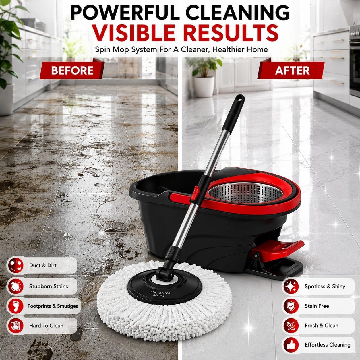 Deluxe Spin Mop & Bucket Set with Stainless Steel Wringer, Adjustable Handle (48–135cm), 2 Microfiber Mop Heads & Foot Pedal Heavy Duty Cleaning System for Home & Floor Care